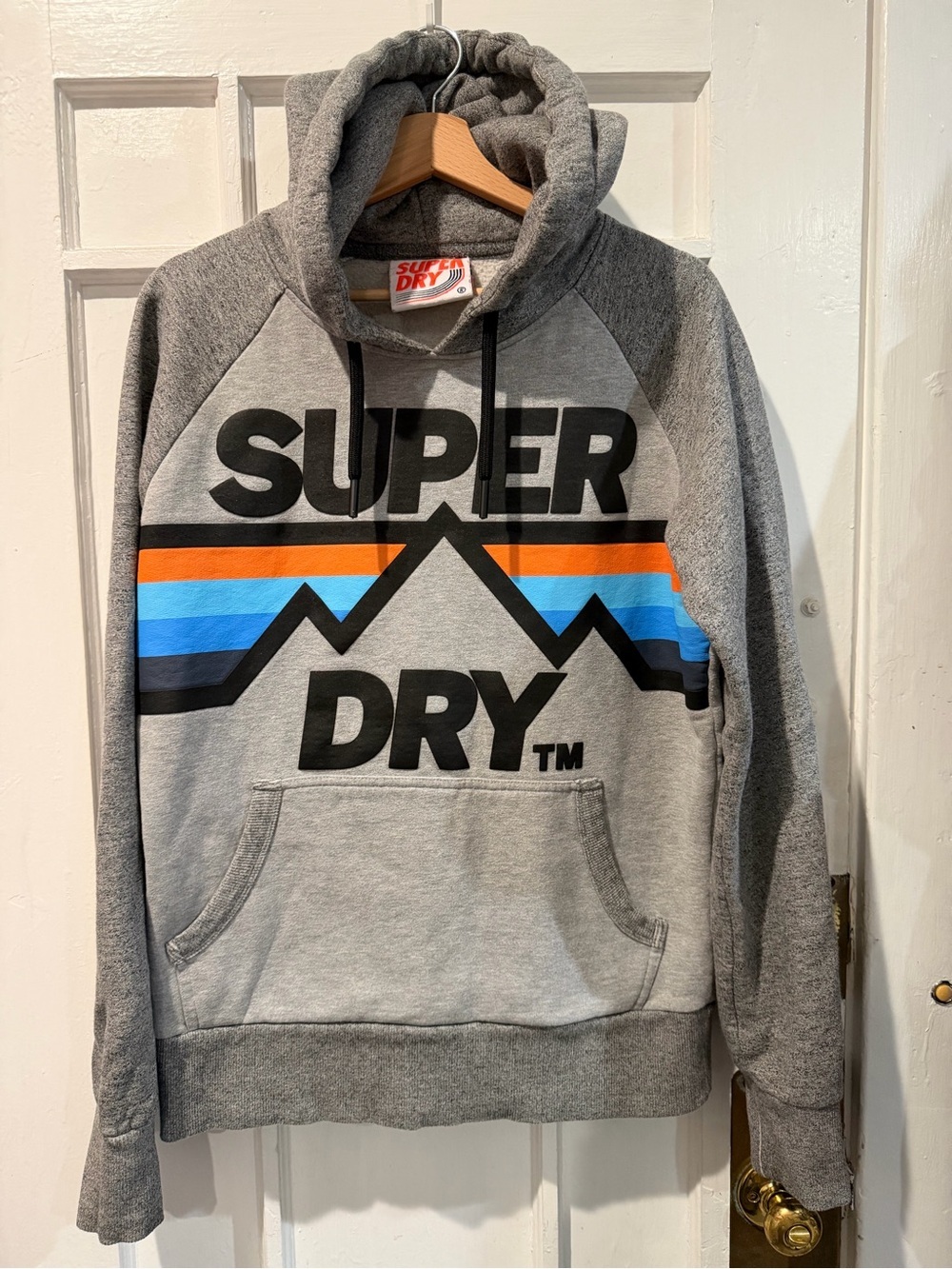 Superdry Gray Hoodie with Blue and Orange Stripe Graphic